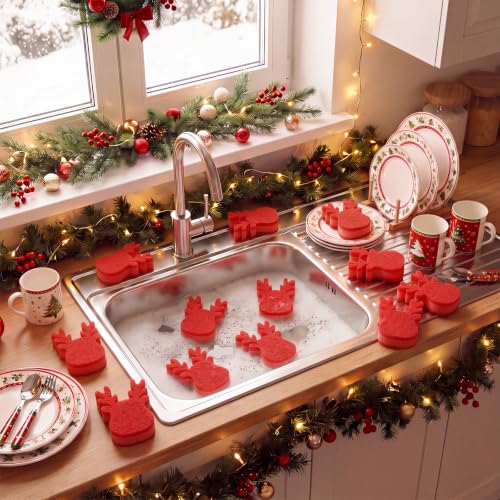 Image of Tioncy 12 Pack Christmas Reindeer Kitchen Sponges Bulk Red Reindeer Dual Sided Scrubber Sponges Dishwashing Kitchen Cleaning Accessories for Home Decor Household Supplies