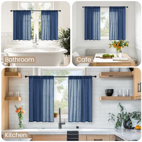Image of BGment Navy Blue Small Linen Curtains 36 Inch Length for Kitchen Window, Semi Sheer Drapes Lightweight for Bathroom Cafe Decor with Rod Pocket, 2 Panels Set, 30 Inch Wide