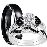 LaRaso & Co His and Hers 3 Piece Trio Sterling Silver Black Titanium Wedding Band Engagement Ring Set