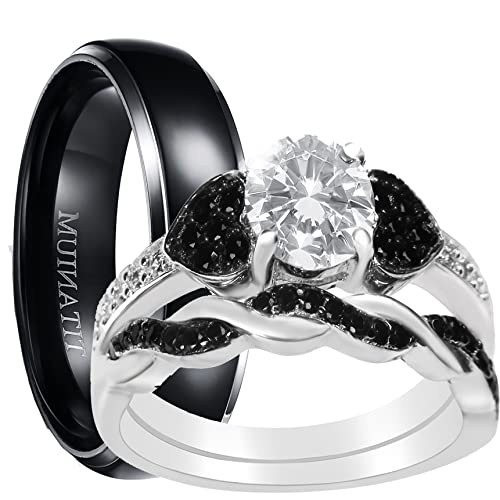 LaRaso & Co His and Hers 3 Piece Trio Sterling Silver Black Titanium Wedding Band Engagement Ring Set