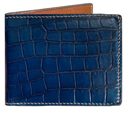 Image of Navy Blue Leather Slim Bifold Wallet Gift Men Hand Stitching Luxury Large Capacity Credit Card Holder Premium Security Wallet RFID Blocking Anti Theft Handmade By Vietnamese VINAM-88