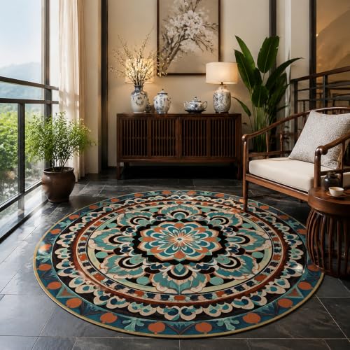 Tapis rond motif floral géométrique rétro bleu orange lavable 120cm - 2