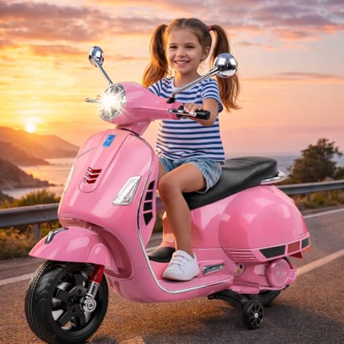 Image of Little Pup Battery Operated Ride On Scooter for Kids 2 to 6 Years | Electric Vespa Style Bike with Music, LED Headlight, Rechargeable Battery, Training Wheels | Kids Scooter (Pink)