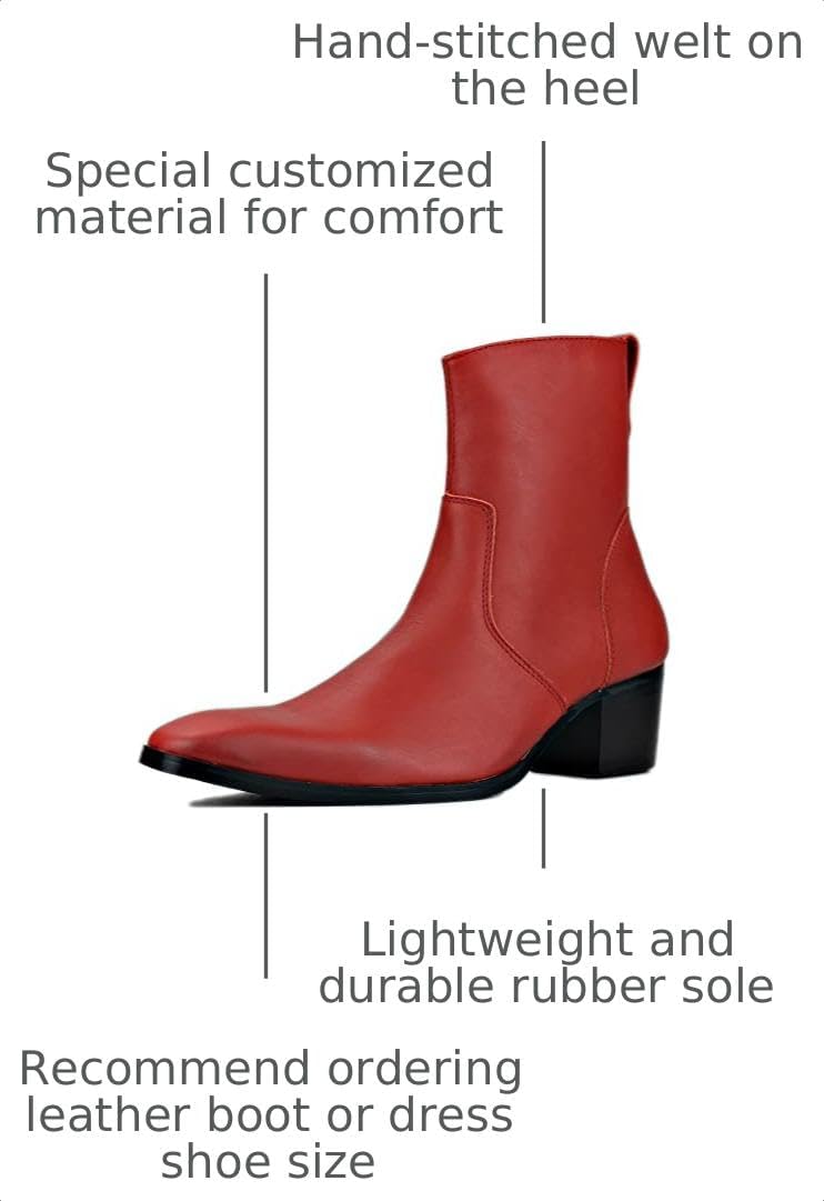 OSSTONE Dress Boot for Men Leather Chelsea Boots Calfskin Casual Heel Shoes Zipper-up OS-JY048-Red-R