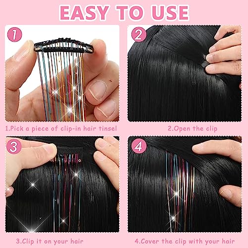 Image of MAYCREATE 6pcs Hair Tinsel Clip-in Glitter Hair Extensions for Women, 20.5in Pink Shiny Tinsel Strands, Heat Resistant Fairy Sparkle Hair Accessories for Girls Kids Festival Cosplay Party Gift