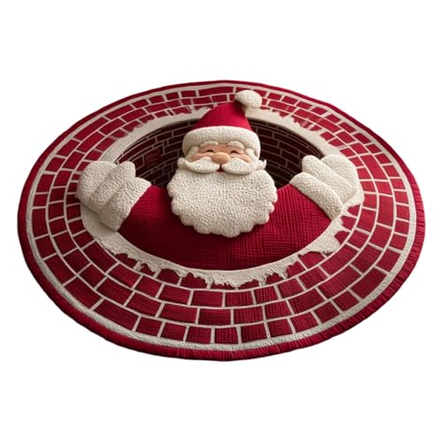 Velvets Round Rug with Santa Print Design Optical Illusion Christmas Floor Mat Carpet for Family Use Bedroom Decors Nonslip Holi