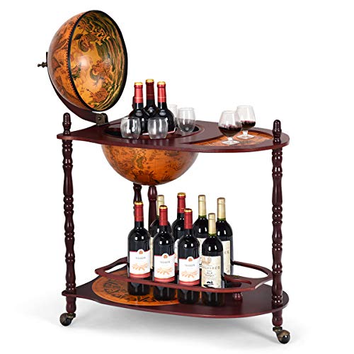 DREAMADE Bar Globe Terrestre Mappemonde, Support à Vin Mobile en Bois avec 3 roulettes, Porte Bouteilles Design Vintage pour Salon,Chambre,Cuisine,Restaurent,Bar (Marron, 70X45X88CM)