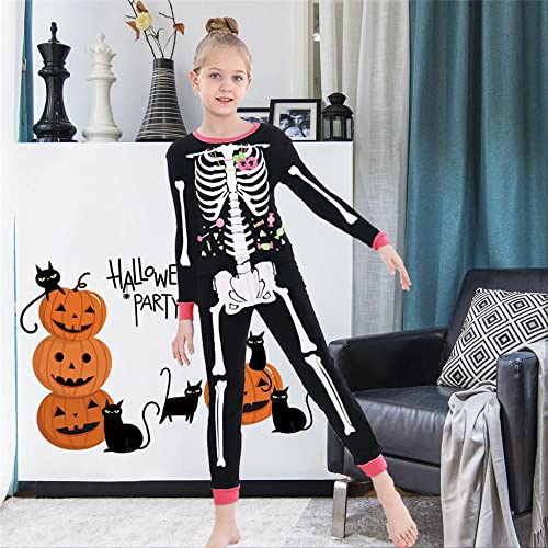 Benaive Pajamas for Girls, Pjs for Girl Cotton Pajama, 2-Piece Children Halloween Pants Set (Skeleton, Black, 5) - image 2