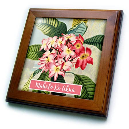 3dRose 8x8 Framed Tile - Mahalo Ke Akua Hawaiian Thanks Be to God Pink Hawaii Plumeria Flowers Hawaii