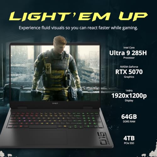 Image of HP Omen 16 Slim 16 inch FHD+ 144Hz Gaming Laptop, Intel Ultra 9 285H, GeForce RTX 5070 8GB GDDR7, 64GB DDR5, 5TB Storage(4TB SSD+1TB Dock), 4-Zone RGB Backlit Keyboard, WiFi 6E, Win11 Pro, Black