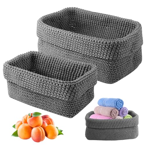 2 Pezzi Cestino per Uncinetto, 2 Misure Cestini Portaoggetti, Rettangolare Cesto Portaoggetti Intrecciato, Multifunzionali Ceste Portaoggetti per Camera Letto, Bagno, Cucina, Studio, Ufficio, Grigio