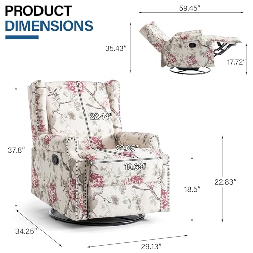 Image of Swivel Rocker Recliner Chair Set of 2, 360 Swivel Wingback Recliner Chairs for Adults, Upholstered Printed Fabric Glider Rocking Chair with High Back, Deep Seat for Living Romm Bedroom, Plants Floral