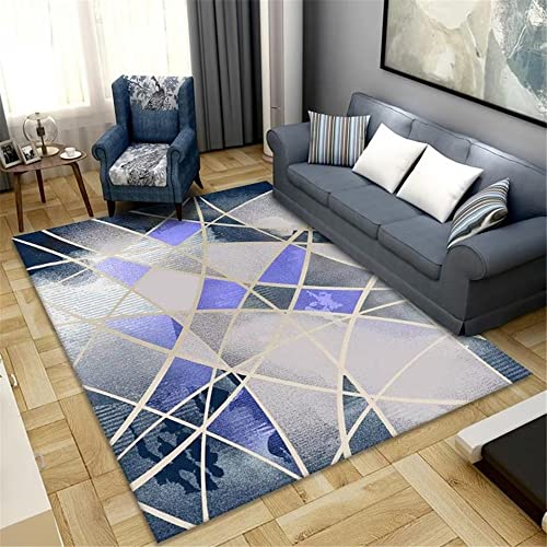 Tapis bleu gris géométrique grand format pour salon et chambre de fille