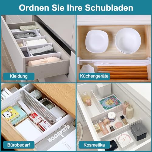 MOFELON Schubladentrenner Verstellbar, 4 Set Schubladen Trenner für Innenlänge 33-58.5cm & Höhe＞6.4cm, Schubladen Organizer Ordnungssystem für Küche, Kleiderschrank, Kommode, Schlafzimmer-Weiß