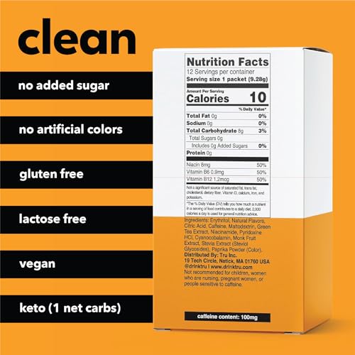 Image of Tru Energy Powder, Natural Caffeine Supplement with Green Tea Extract, Pre Workout Drink Mix with Vitamin B6, Vitamin B12, Monk Fruit & Stevia, Sugar Free, Gluten Free, Vegan, Mango Flavor, 12 Packets
