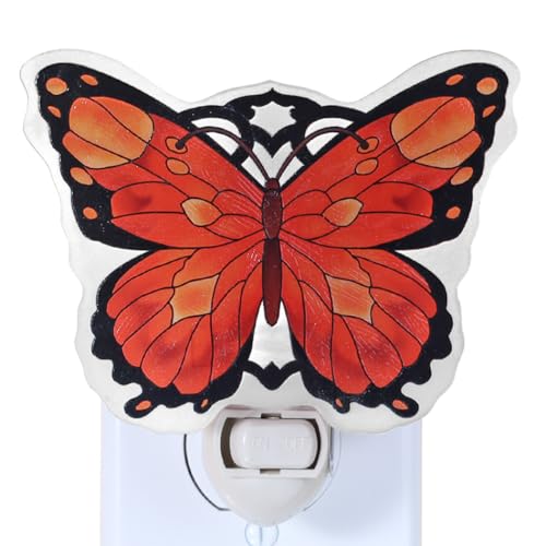 Image of Butterfly Night Light Plug into Wall Orange and Red Bulb Included Manual On /Off Switch Stained Glass Styled Made with Real Glass Hallway Bathroom Gift for Girls Mothers