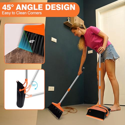 Tatxmalv Besen und Kehrschaufel Set Hohe Qualität, Aufrechter Langstielkehrgarnitur, Kehrschaufel mit KammdesignKamm, Kehrset um das Parquet, Keramikfliesen, Betonboden Leicht zu Reinigen (Orange) – Bild 6