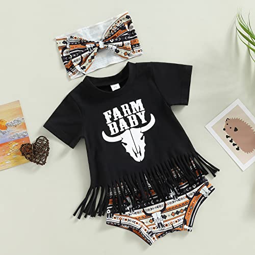 Western Infant Girl Summer Clothes 3Pcs Outfits Cow Letter Print Tassel T-Shirt + Shorts Bow Headband (Farm Baby, 0-6 Months) #TOP6