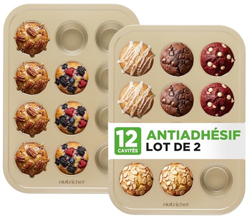 NutriChef Moules à Muffins, Pâtisserie pour Cuisson, Plaque à Cupcakes Antiadhésive, Moule Muffin, 2 Pièces avec 12 Cavités, Plateau Empilable en Acier au Carbone, Compatible Lave, Vaisselle, Doré