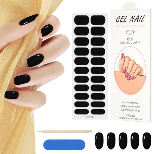 AUAUY 22PCS Pegatinas Uñas Decorativas, Negro UñAs de Gel Pegatinas, Pegatinas para UñAs, UñAs Gel Semicurado, Gel Nail Stickers, Pegatinas para UñAs con Lima de UñAs y Palo de CutíCula de Madera