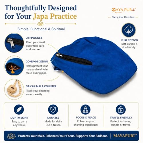 Image of Original Pure Cotton Gomukhi Japa Mala Bag /Chanting Bag or Beads Bag /Jholi /Thole with Zip Pocket and Sakshi Mala Counter (Blue)