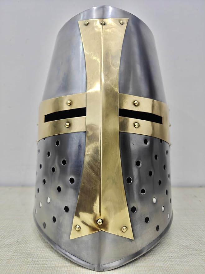 Medieval Crusader Great Helm, Knight Templar Replica Helmet, Silver and Brass Finish, Adult Costume Armor