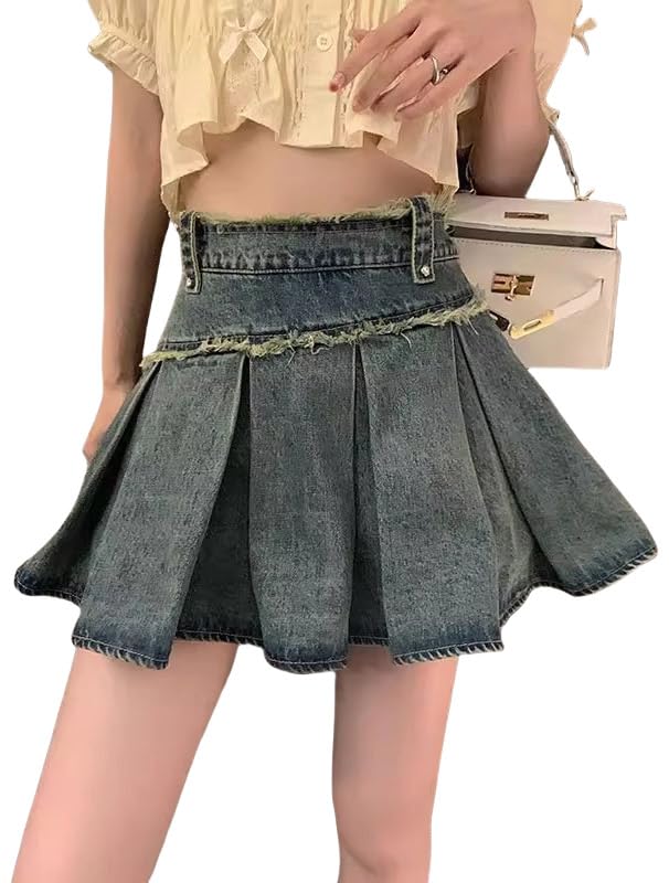 Women’s Y2K High Waist Pleated Denim Mini Skirt Vintage Aesthetic Streetwear Grunge Tennis Skirt for Casual Outfits