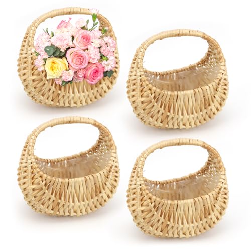 4 PCS Rattan Half Moon Wicker Basket, Small Wicker Woven Basket with Handle, Woven Wedding Flower Girl Baskets, Picnic Basket, for Home Wedding Decor, Photo Props, Camping