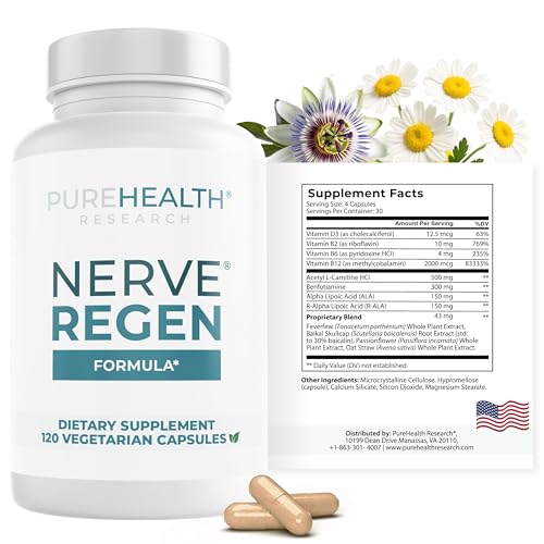 PUREHEALTH RESEARCH Nerve Regen Formula - Nerve Support Supplement for Feet & Hands - with Alpha Lipoic Acid ALA, Benfotiamine, Acetyl L-Carnitine, Riboflavin, Vitamin B6, B12, D & More - 60 Capsules