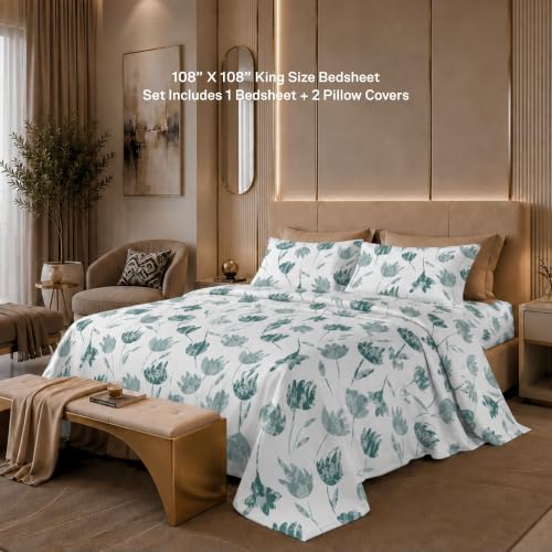Image of Jaipur Weaves Cotton Linen Feel King Size Bedsheet 108x108 Super King, 100% Pure Cotton Bed Sheet with 2 Pillow Covers, 300 TC Soft Breathable Floral Design Bedding -(Tulips Green,Super King)