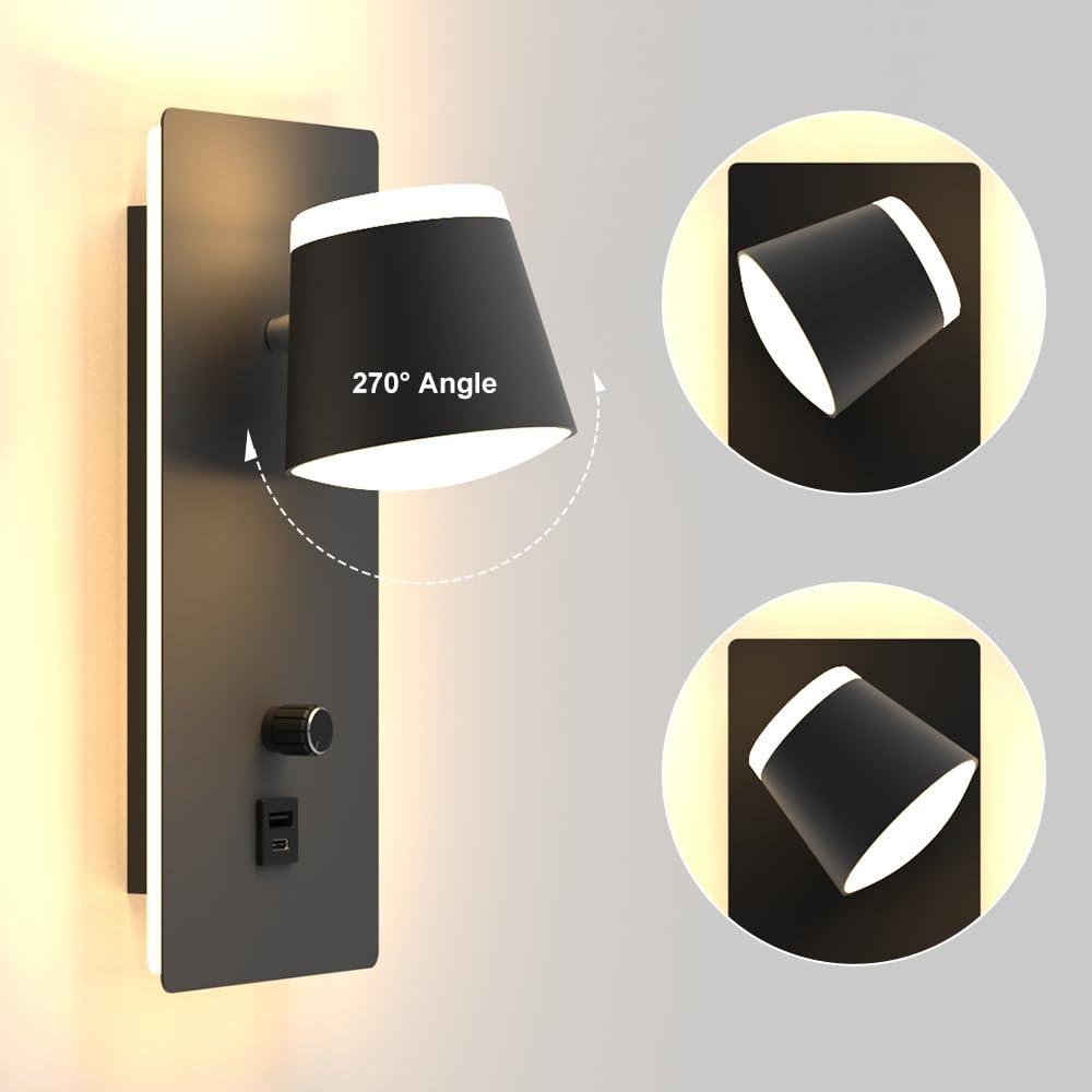 Sytmhoe Nachttischlampe Wandmontage mit Schalter USB C Dimmbar 16W 2 Stück | Schwarz matt 3000K Drehbar Wandleuchte Etagenbett, Kinderzimmer Leselampe mit Ladebuchse, platzsparende Schlafzimmer ohne