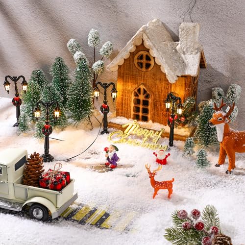 Geosar 18 Pieces Christmas Village Trees Accessories Set, Snow Frost Trees Street Lamps Road for Winter Christmas Village Tabletop Holiday Decoration