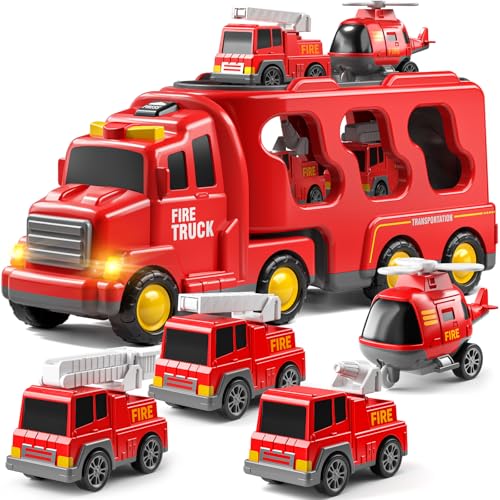 JUKUDAHU Truck Toys for 3 4 5 6 Years Old Boys Toddler Car Toys for Toddler Boys Ages 3-5 Fire Toys Car Carrier Vehicle Toy Set Kids Toys Truck Set for Age 3-9