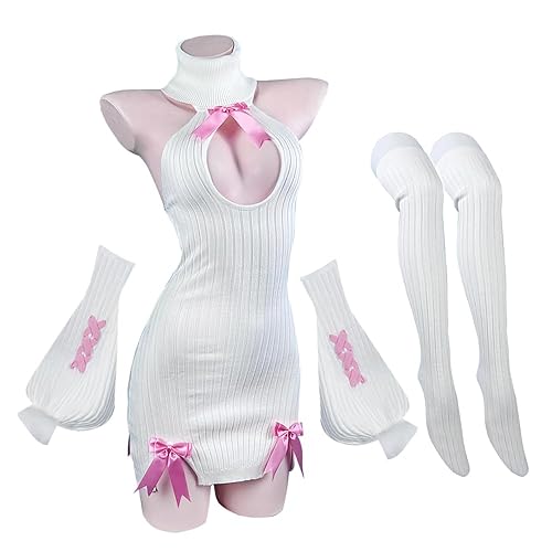 KORURACLUB Hollow Out Dress Sweater Costume premium sweater cosplay lingerie Mini Dress Sexy Lingerie - White - L/XL