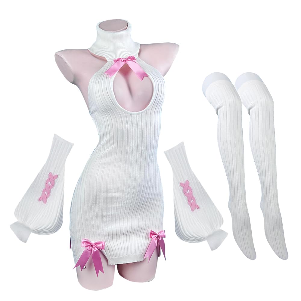 KORURACLUB Bow Sweater Costume（3-PIECE SET） premium sweater cosplay lingerie Bow Sweater succubus lingerie: White Small/Medium