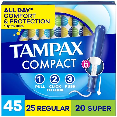Tampax Compact Pearl Tampons for Women Multipack with LeakGuard Braid & Extendable Applicator Regular/Super Absorbency Compact Extendable Applicator Unscented 45 Count