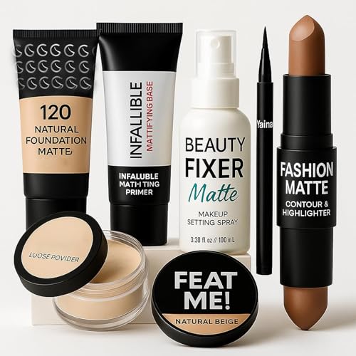 Premium Matte Makeup Combo Kit for Women | Foundation, Primer, Contour Stick, Eyeliner, Setting Spray & Loose Powder | Long-Lasting Oil Control Makeup Set for All Skin Types | Complete Beauty Kit for Flawless Matte Finish ETC..