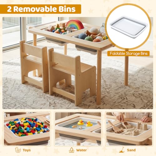 Image of Costzon Toddler Table and Chair Set, Wooden Sensory Table w /2-Sided Boards & 2 Foldable Storage Bins, All-in-One Kids Activity Table for Drawing, Crafting, Sand and Water Play (Light Wood Tone, 3 PCS)
