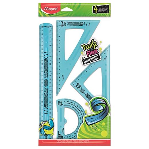 Maped - Reglas Escolares - Twist'n Flex Decor - Maxi Kit de 4 Piezas - 1 Regla de 30 cm, 1 Cartabón de 60°, 1 Escuadra de 45° y 1 Transportador de 180° - Material Flexible - Diseño Lúdico