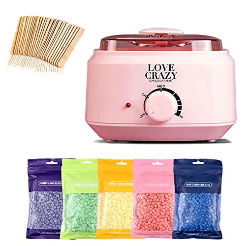 XIMIN wax warmer wax hair removal set, suitable for face, body, legs, eyebrows, bikini, contains 5 bags of wax beads and 30 wooden wax sticks, painless, easy and quick (Pink)