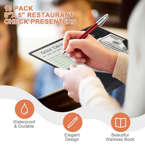 FLKQC Restaurant Check Presenters, 10 Pack 9\" x 5\" Guest Check Card Holder with Gold Thank You Imprint for Severs, Bill Book Restaurant Supplies for Restaurants, Bar and Cafe (10, Black)