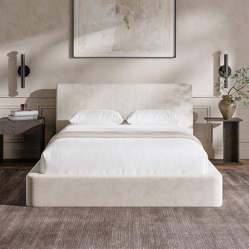 Image of RECCI AirFrame Full Size Bed Frame with Ergonomic Angled Foam Cushioned Headboard, Minimalist Design Platform Bed Frame, No Box Spring Needed, Easy Assembly (Beige Chenille)