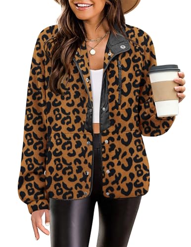 Zeagoo Womens Fleece Jacket Leopard Print Long Sleeve Coats Button Down Sherpa Outerwear with Pockets