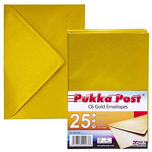 Pukka Pad Pukka Post & Packaging Gummed Envelopes - Pack of 25 Ready-to-Seal Durable 100GSM Postal Envelopes for Letters Invitations and Other Mail - 114 x 162mm Size C6 Gold