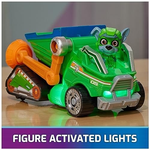 Image of Paw Patrol: The Mighty Movie, Toy Garbage Truck Recycler with Rocky Mighty Pups Action Figure, Lights and Sounds, Kids Toys for Boys & Girls 3+