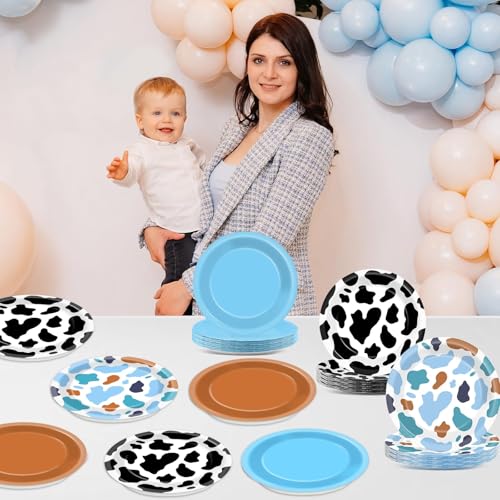 CHUNNIN 48Pcs Western Cowboy Party Paper Plates 7” Toy Blue Brown Cartoon Story Party Supplies Cow Print Disposable Dinner Plate for Western Theme Farm Birthday Baby Shower Farmhouse Party Decorations