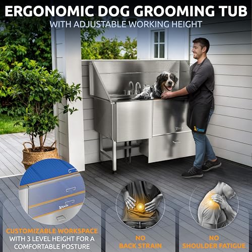 Image of KANIS Professional Dog Washing Station 304 Stainless Steel Pet Wash Sink & Grooming Bathtub w /Shower, Floor Grates and Storage for Large, Medium & Small Pets (Silver, 61 Inches, Left Ramp, 1 Drawer)