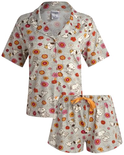 Image of COCO BRANDS Peanuts Snoopy Womens Pajama Set - 2 Piece Short Sleeve Button Down Sleep Shirt and Pajama Shorts