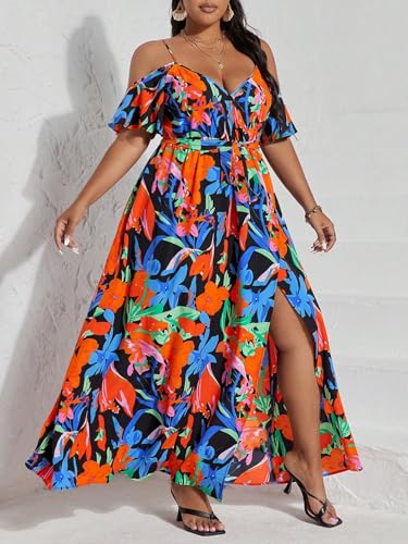 Image of Floerns Women's Plus Size Cold Shoulder Short Sleeve Split Thigh Long Dress