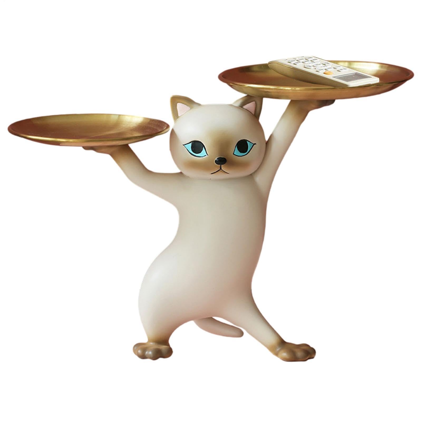 Statue de chat avec plateau de rangement en résine de 35,8 cm